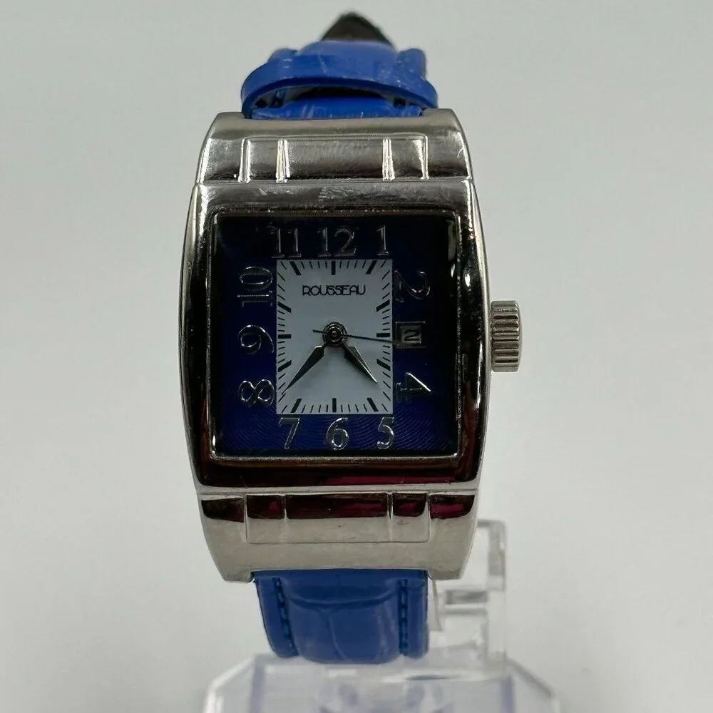 Rousseau Watch Women Silver Tone Square Dial Blue Leather Band New Battery 9